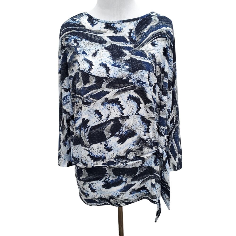 Clara Sun Woo Top 3/4 sleeve Side Tie Dolman Blue Black White Abstract Print M